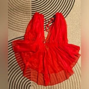 Vintage red tulle one size lingerie sheer romper.